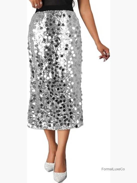 Dresses & Skirts - High Waist A-Line Sequin Midi Skirt Sparkly Shiny Party Club